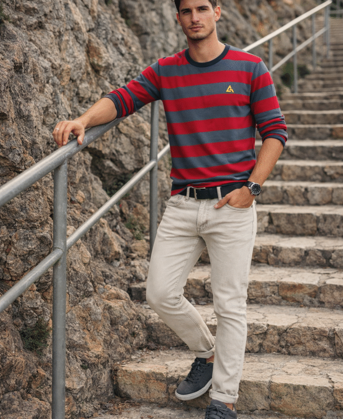 Grey Armour Cotton Stripped Roundneck Full sleeve T-Shirt