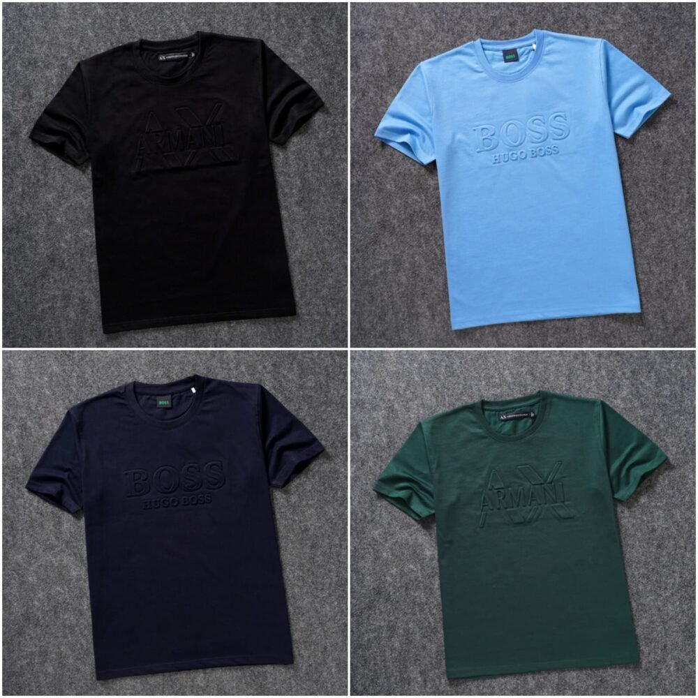 MULTI-BRAND EMBOSSED ROUND NECK HALF SLEEVE T-SHIRT - 4 COLOURS