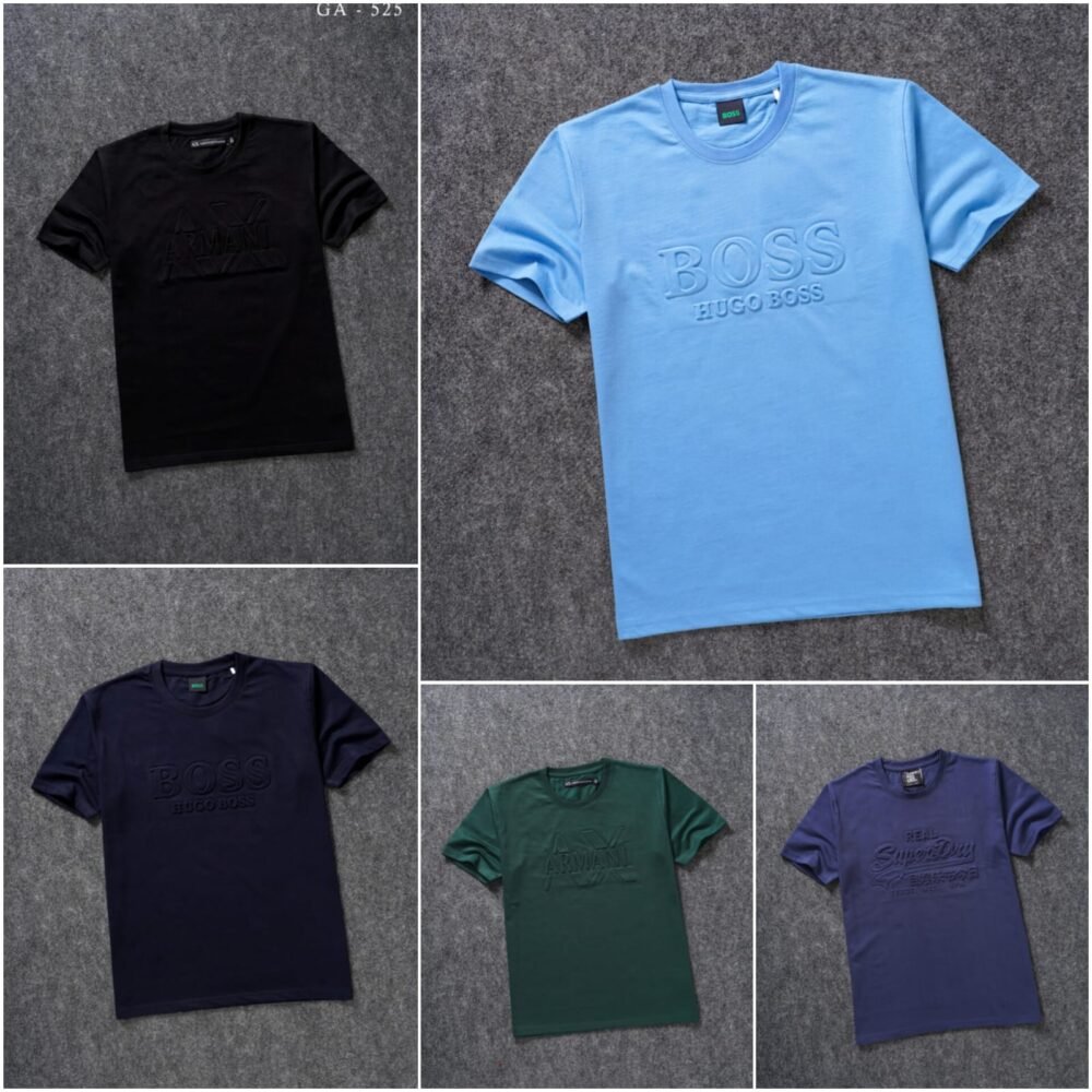 MULTI-BRAND EMBOSSED ROUND NECK HALF SLEEVE T-SHIRT - 5 COLOURS
